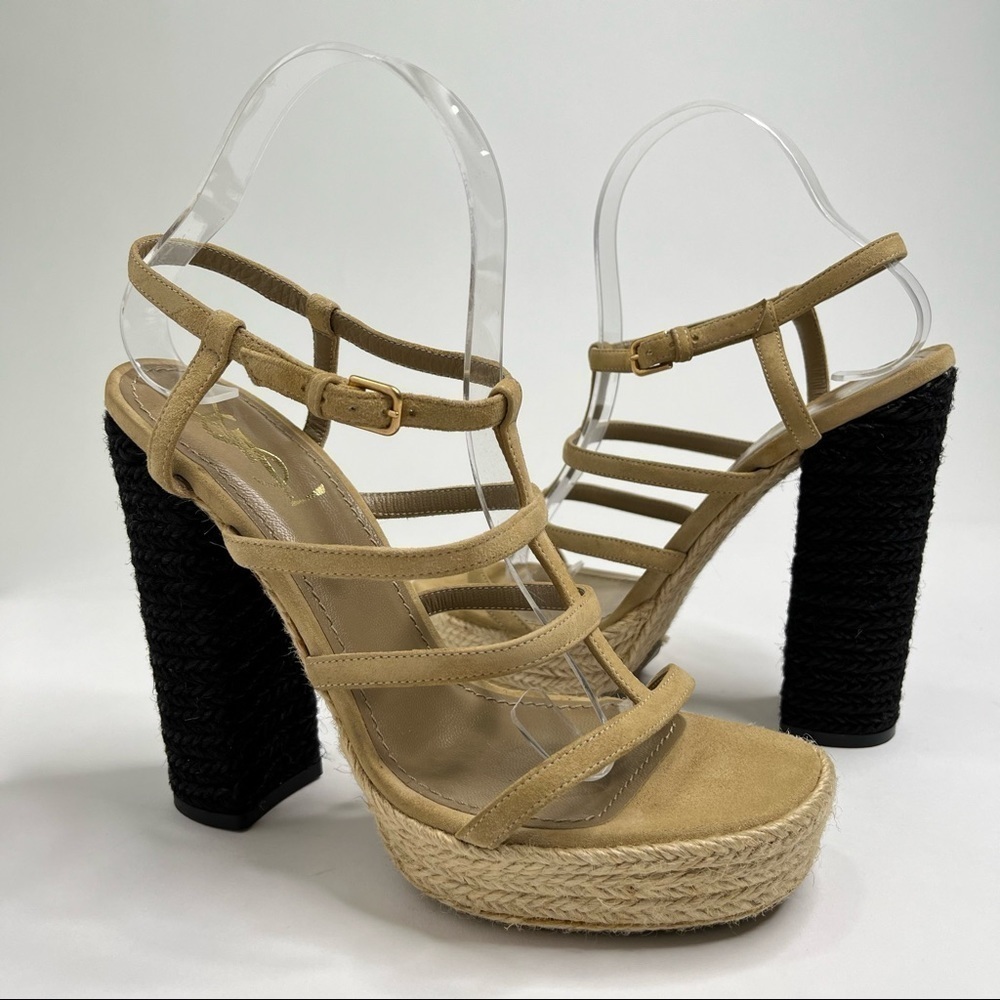 New Yves Saint Laurent Gypsy Strappy Nude Suede Black Espadrille Platform Sandal